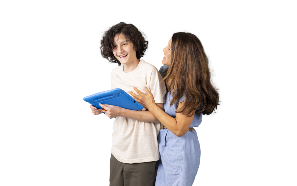 A mother and her teen son laughing